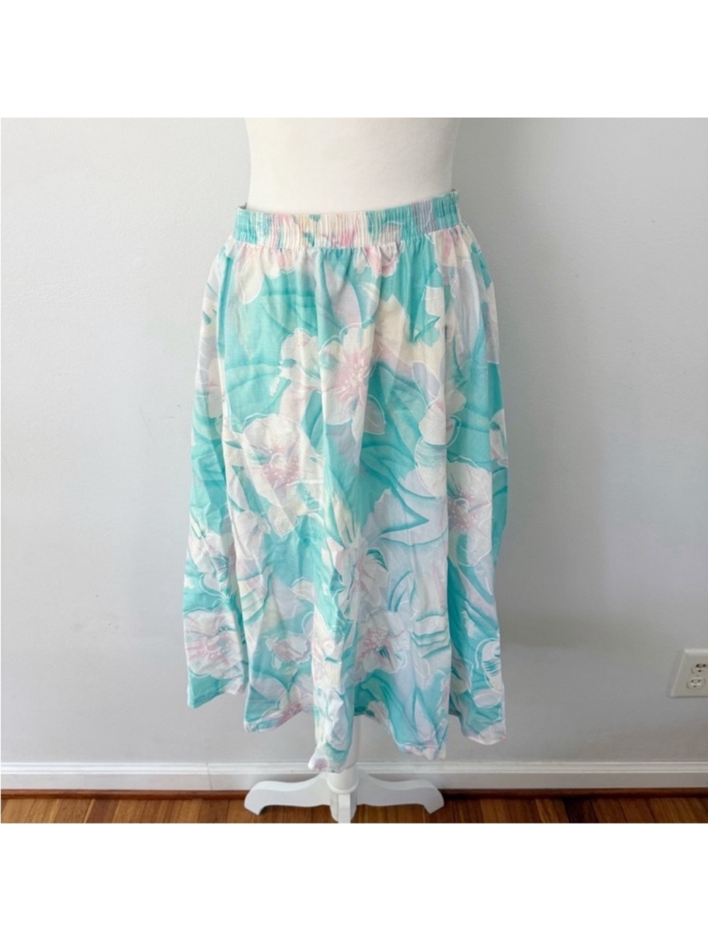 Vintage Women 80s Pastel Tropical Floral Midi Skirt Resort Vacation Island Beach